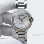 Swiss Quality Cartier Ballon Bleu 36mm White Mop Dial Stainless Steel Copy Watch With Diamonds